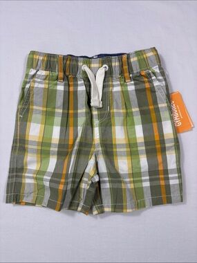 Gymboree Olive, Orange & White Little Sprout Plaid Pull On Drawstring Shorts